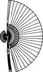 Black thick outline with white background, Line drawing of traditional Asian fan 2