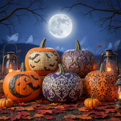 Halloween Pumpkins at Night Decorated with Decoupage Designs