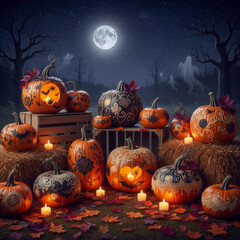 Halloween Pumpkins at Night Decorated with Decoupage Designs