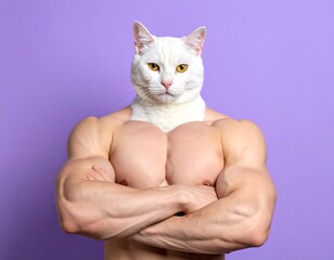 A muscular physique, arms crossed, showcases a white cat perched atop the chest, against a vibrant lavender backdrop.