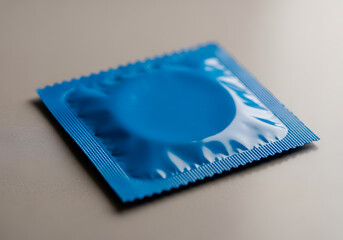 A blue condom packet, emphasizing its packaging and its role in safe sex practices.