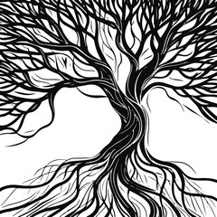 Black Bold outline with white background, Abstract line art of tree with roots visible 4