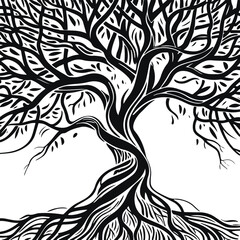 Black Bold outline with white background, Abstract line art of tree with roots visible 5
