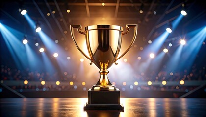 Golden Trophy on Stage with Spotlights and Audience