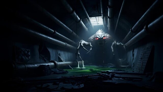 Eerie monster with glowing red eyes and sharp claws slowly crawling in a dark sewer tunnel full of green liquid, horror concept footage.