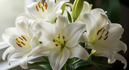 Fototapeta premium Elegant White Lilies - A Stunning Floral Display of Purity and Grace.