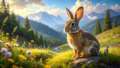 A serene mountain meadow, vibrant with wildflowers, showcases a rabbit sitting on a rock, bathed in golden sunlight.