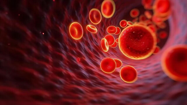 A red blood cell is shown in a close up of a blood vessel. The cell is surrounded by other red blood cells, which are also shown in the image. Concept of the circulatory system