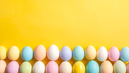A horizontal arrangement of pastel-colored eggs against a bright yellow background.