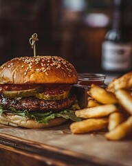 A juicy burger with fries ready to eat on a wooden table