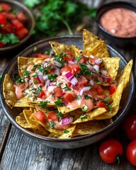 Appetizing Nachos with Chipotle Dip and Fresh Salsa on a Table