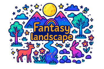 Neon Fantasy Wonderland. Fantasy landscape. Hand-drawn doodle illustration of fantasy landscape. Neon