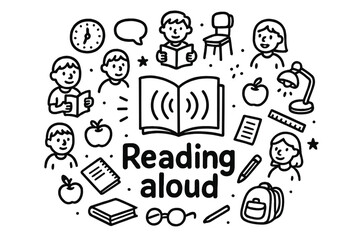 Reading Aloud Doodles. Reading aloud. Hand-drawn doodle illustration of Reading aloud. In the middle, one