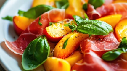 Peach and prosciutto salad close-up.