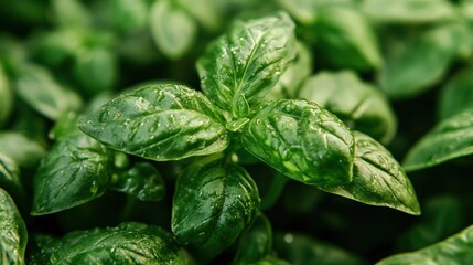Close-up of lush basil leaves covered in water droplets.