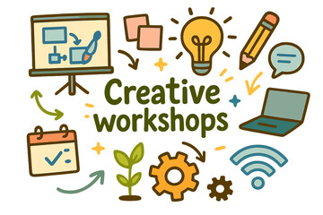 Creative Workshop Doodles. Creative workshops. Hand-drawn doodle illustration of creative workshops. Digital