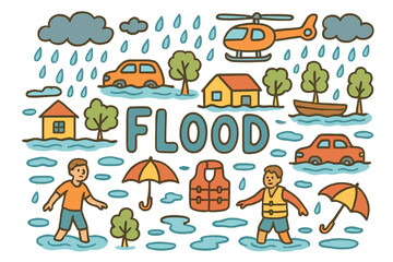 Fototapeta premium Whimsical Flood Chaos. Flood. Hand-drawn doodle illustration of Flood. houses in water, cars floating, trees