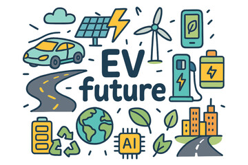 EV Future Illustrated. EV future. Hand-drawn doodle illustration of EV future. futuristic car, charging