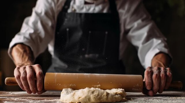 A chef is making a pizza dough on a wooden table. The dough is covered in flour and the chef is using a rolling pin to flatten it. Concept of focus and dedication to the task at hand