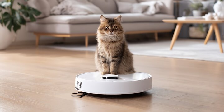 Fluffy tabby cat sitting upright on white robot vacuum in bright living room. Modern home interior with wood floors and cozy sofa. Smart cleaning technology and pets - Powered by Adobe