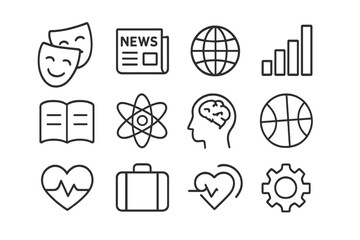 Podcast Icons Grid. Listening to podcasts. Line outline icon set of Listening to podcasts: comedy mask, drama