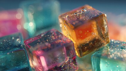 Colorful candy cubes, with water droplets, glossy surface