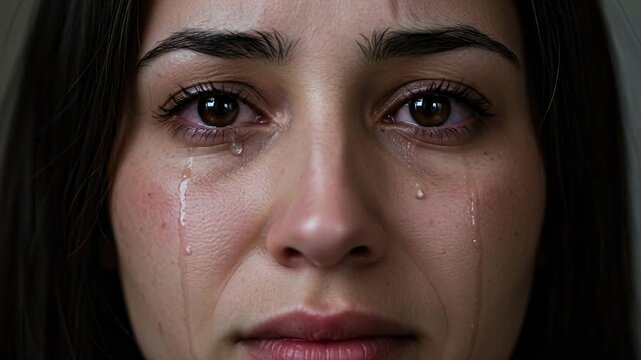 Crying caucasian woman with tears streaming down her face, showing depression and emotional distress, close up video