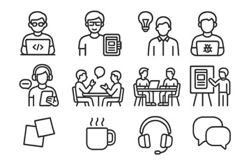 Tech Startup Team Icons. A team working on an app development project in a tech startup. Line outline icon set