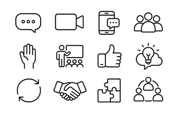 Tech Startup Icon Set. A team working on an app development project in a tech startup. Line outline icon set