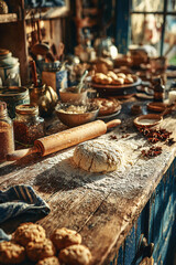 Festive baking moment, vintage kitchen with wooden table, rolling pin, cookie dough and scattered spices, nostalgic mood