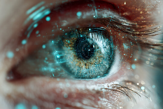 Eye scan in AI interface, close-up of human eye superimposed on holographic biometric HUD, glowing neon blue and cyan scan lines, digital data streams