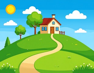 Fototapeta premium Cartoon Illustration of a Sunny Day with House on a Hill and a Winding Path