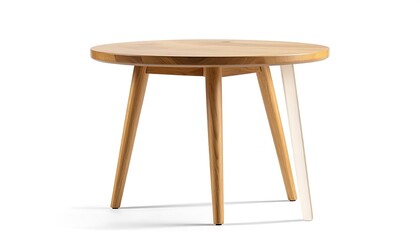A light-toned wooden round coffee table with slender legs and clear support beams is presented on a white background.