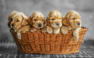 Five little Labrador puppies in a basket, cute, fluffy, playful, and heartwarming.