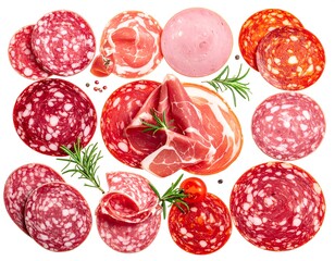 Assorted cured meats and sausages, slices arranged in a decorative pattern against a white background, showcasing vibrant colors and textures.