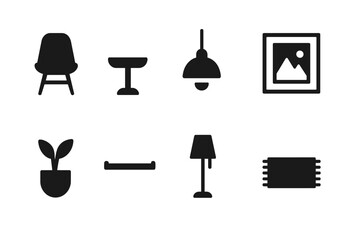 Minimalist Decor Icons. Minimalist Decor. Filled icon set of Minimalist Decor: chair, small table, pendant