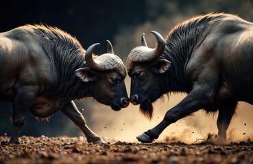 Obraz premium Two wildebeests face off in a dusty landscape, showcasing their strength and agility in a natural setting