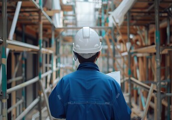 Engineer in blue work attire checks plans at construction site
