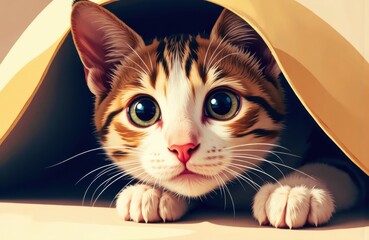 Cute tabby kitten peeking out from under a blanket with wide eyes and curious expression