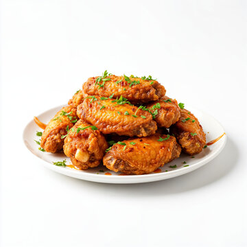 Spicy fried chicken wings on white plate isolated on white background.