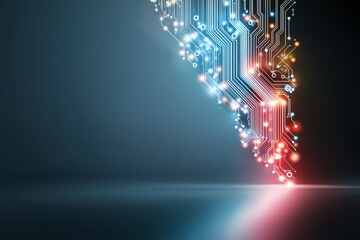 Futuristic neon glowing circuit design on dark blue gradient background symbolizing advanced digital technology and cyber innovation, Generative AI