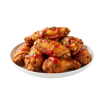 Spicy fried chicken wings with ketchup on a plate on transparent background PNG