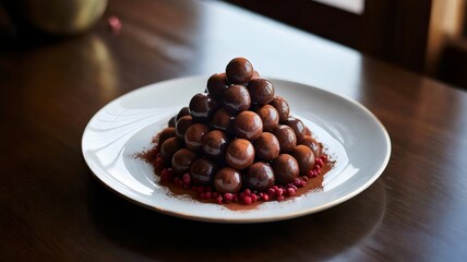 Dark chocolate truffles in triangular formation with raspberries – Great for gourmet food blogs, elegant dessert branding, or Valentine’s Day promotions