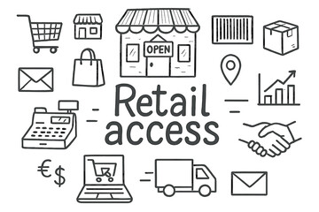 Retail Access Doodle. Retail access. Hand-drawn doodle illustration of Retail access. In the middle, one