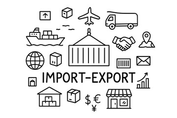 Fototapeta premium Doodle Import-Export Scene. Import-export. Hand-drawn doodle illustration of Import-export. In the middle, one