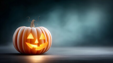 Glowing jack o lantern pumpkin with carved smiling face symbolizing Halloween night traditions and seasonal spooky decoration, Generative AI