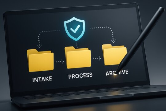Digital file management system with intake process archive folders and secure holographic protection shield 
