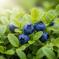 Closeup of Fresh Blueberries on Bush.