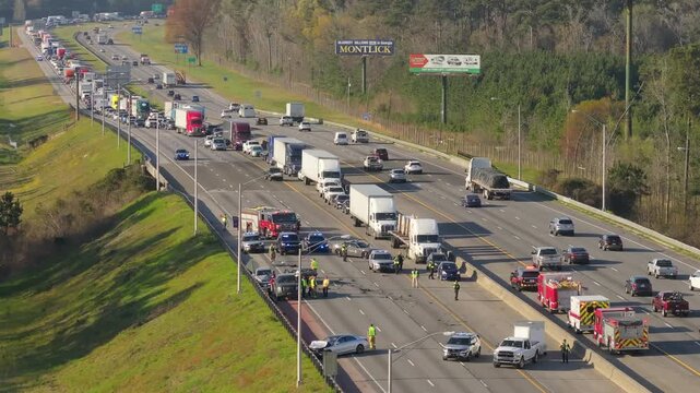Car accident on high speed freeway road in Kentucky. Emergency services personnel helping victims of vehicle crash on highway in USA.