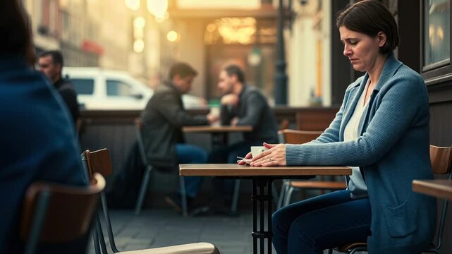 Woman sits alone in outdoor cafe with sadness and despair, seeking mental health support on city street footage.